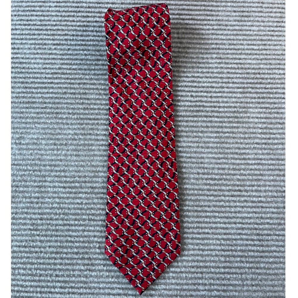 Daniel De Fasson Mens Red Geometric Chain Silk Necktie Navy Gold Miami Designer
